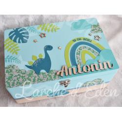Boite à souvenirs de naissance personnalisée décoration dinosaure et volcan