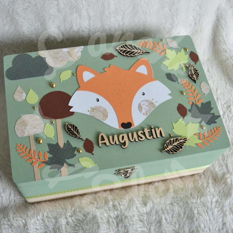 Boite à souvenirs de naissance personnalisée décoration renard et foret
