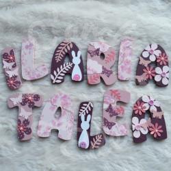 Prénom en bois pour décoration de chambre d'enfant ou cadeau de naissance sur le thème lapin et décor champetre