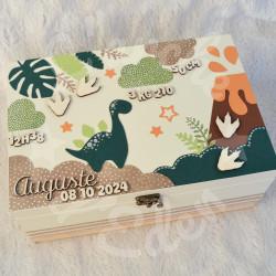 Boite à souvenirs de naissance personnalisée décoration dinosaure et volcan