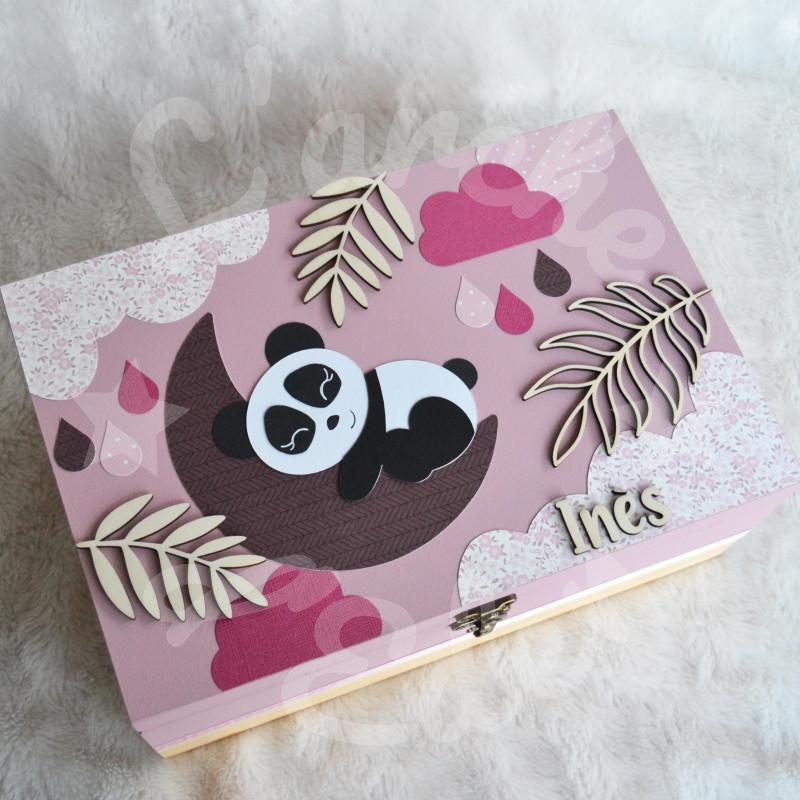 Boite à souvenirs de naissance personnalisée décoration panda dans la jungle Boite à souvenirs de naissance personnalisée décoration panda dans la jungle