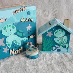 Cadeau de naissance thème Panthère, boite à souvenirs personnalisée avec une tirelire et boite a dents