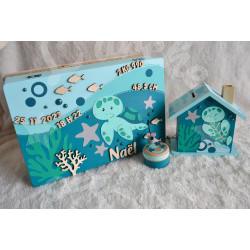Cadeau de naissance thème Panthère, boite à souvenirs personnalisée avec une tirelire et boite a dents