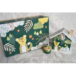 Cadeau de naissance thème Panthère, boite à souvenirs personnalisée avec une tirelire et boite a dents