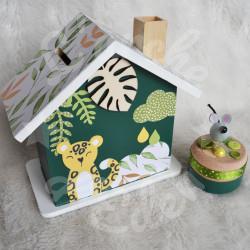 Cadeau de naissance thème Panthère, boite à souvenirs personnalisée avec une tirelire et boite a dents