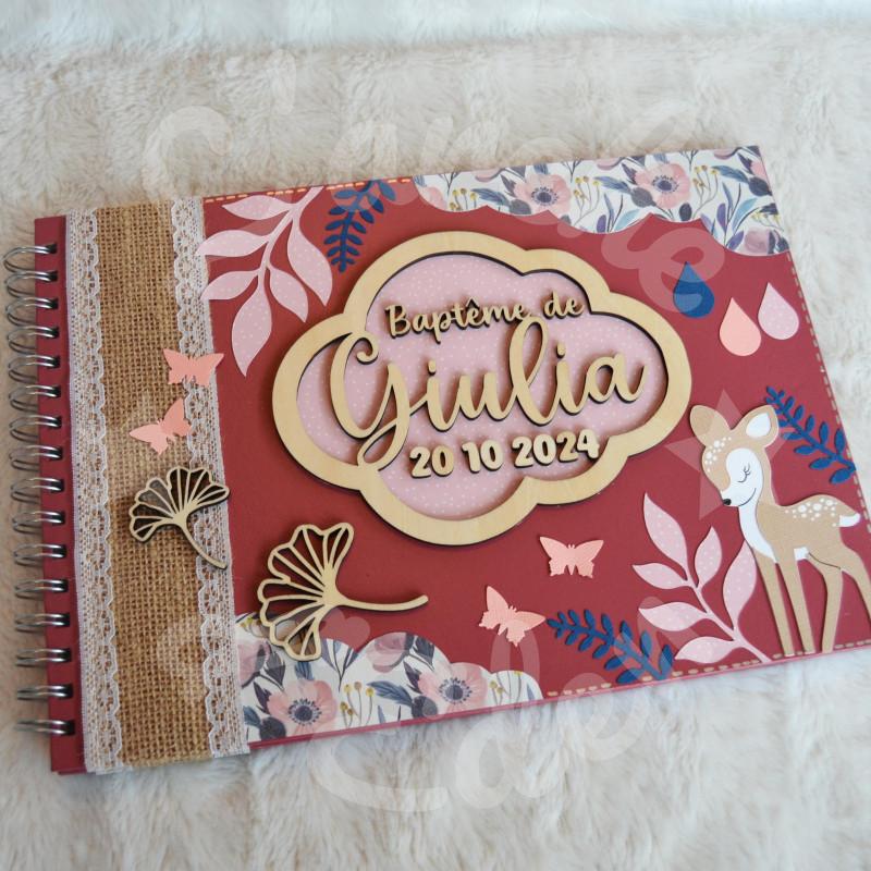 Livre d'or et album photo de bapteme ou anniversaire enfant avec faon, papillons, fleurs