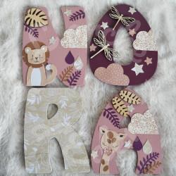 Prénom en bois pour décoration de chambre d'enfant ou cadeau de naissance avec des animaux de la savane