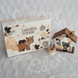 Cadeau de naissance thème Panthère, boite à souvenirs personnalisée avec une tirelire et boite a dents