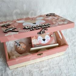 Cadeau de naissance thème Renard, boite à souvenirs personnalisée avec une tirelire et boite a dents