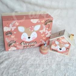 Cadeau de naissance thème Renard, boite à souvenirs personnalisée avec une tirelire et boite a dents