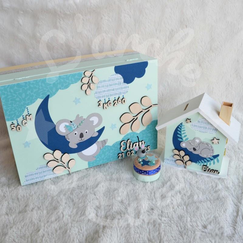 Cadeau de naissance thème Koala, boite à souvenirs personnalisée avec une tirelire et boite a dents