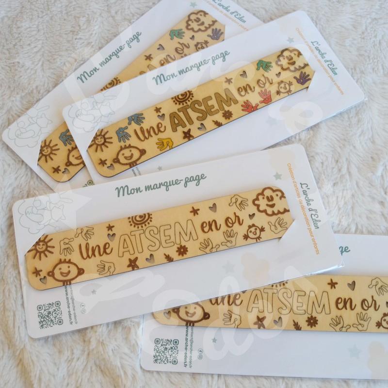 Marque page en bois pour cadeau de fin d annee ATSEM en or Marque page en bois pour cadeau de fin d annee ATSEM en or