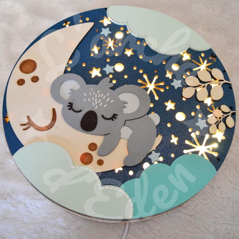 Veilleuse en bois avec koala et ciel étoilé