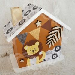 Tirelire lion couleur caramel personnalisée au prénom de l'enfant