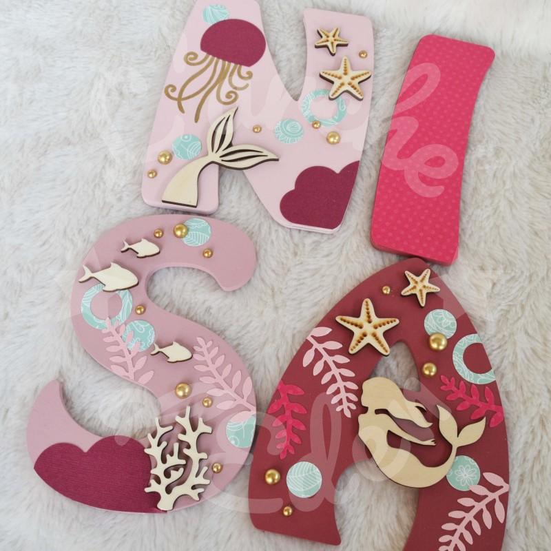 Prénom en bois theme sirène pour décoration de chambre d'enfant ou cadeau de naissance