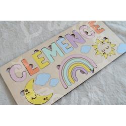 Puzzle Prénom et Arc en ciel en bois pour enfant fabrication dans les Vosges