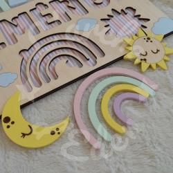 Puzzle Prénom et Arc en ciel en bois pour enfant fabrication dans les Vosges
