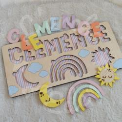 Puzzle Prénom et Arc en ciel en bois pour enfant fabrication dans les Vosges
