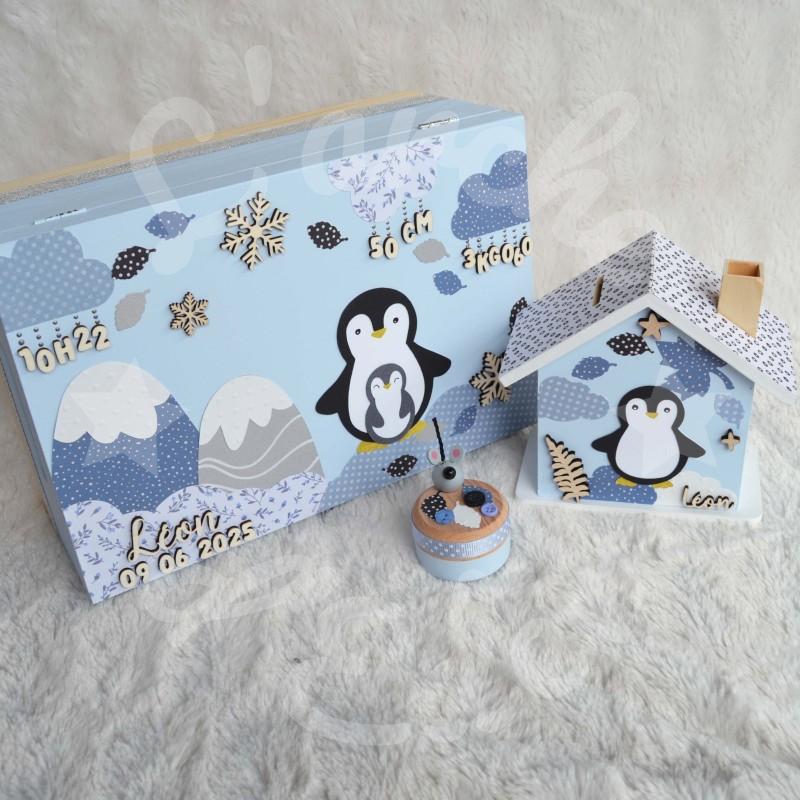 Cadeau de naissance thème ours polaire, pingouin, renard polaire, boite à souvenirs personnalisée avec une tirelire et boite a d