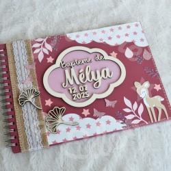Livre d'or et album photo de bapteme ou anniversaire enfant avec faon, papillons, fleurs