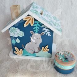 Tirelire personnalisée rhinocéros décor savane et arc en ciel pour enfant ou cadeau de naissance