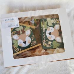 Cadeau de naissance personnalisé pour enfant composé d'une tirelire, d'une boite à dents et d'une boite a souvenirs.