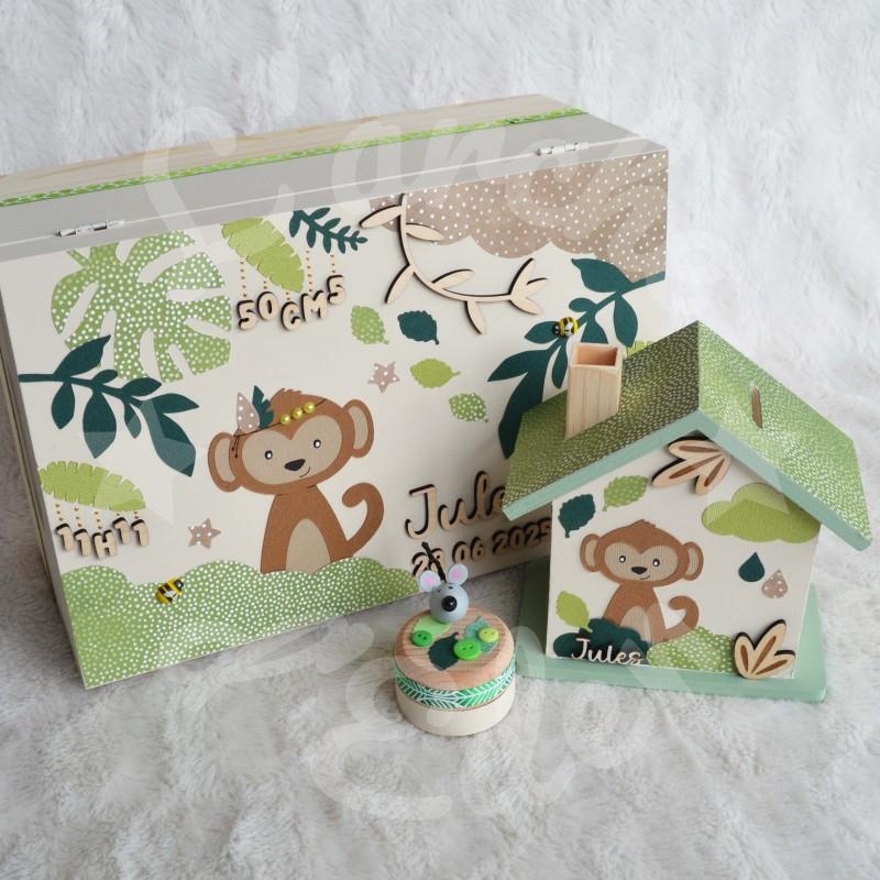 Cadeau de naissance thème Singe boite à souvenirs personnalisée avec une tirelire et boite a dents