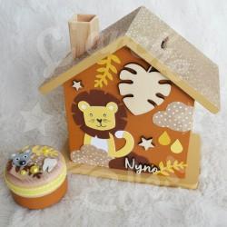 Tirelire personnalisée lion décor savane pour enfant ou cadeau de naissance