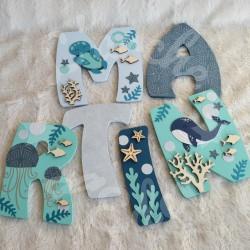 Prénom en bois pour décoration de chambre d'enfant ou cadeau de naissance avec baleine et animaux de la mer