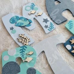Prénom en bois pour décoration de chambre d'enfant ou cadeau de naissance avec baleine et animaux de la mer