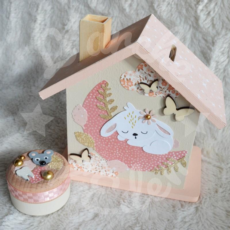 Tirelire lapin et lune fleurie personnalisée pour enfant ou cadeau de naissance