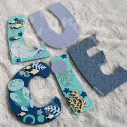 Prénom en bois pour décoration de chambre d'enfant ou cadeau de naissance avec baleine et animaux de la mer