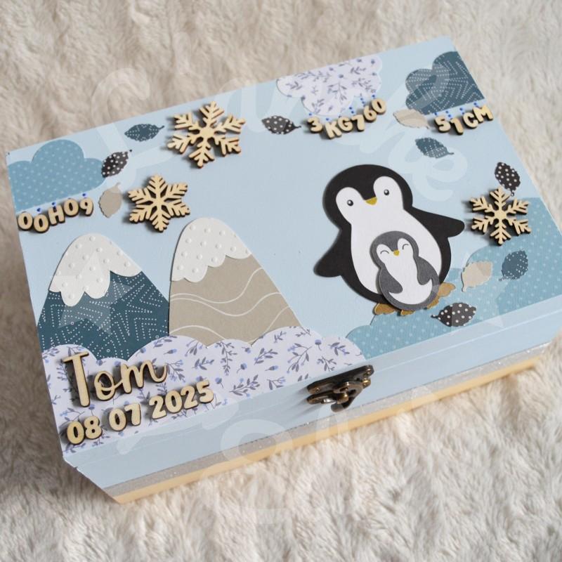 Boite à souvenirs de naissance personnalisée décoration Pingouin