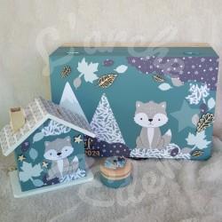 Cadeau de naissance thème Loup, boite à souvenirs personnalisée avec une tirelire et boite a dents