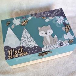 Boite à souvenirs de naissance personnalisée décoration loup et feuille de la foret