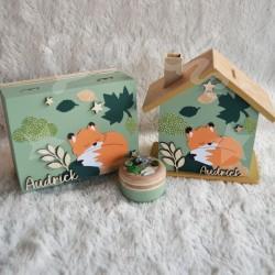 Cadeau de naissance Renard et feuille d automne composé d'une tirelire, d'une boite à dents et d'une boite a trésors