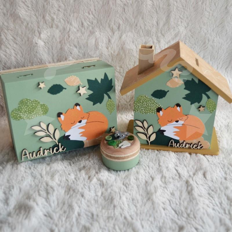 Cadeau de naissance Renard et feuille d automne composé d'une tirelire, d'une boite à dents et d'une boite a trésors