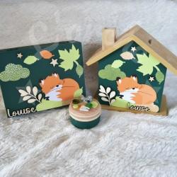 Cadeau de naissance Renard et feuille d automne composé d'une tirelire, d'une boite à dents et d'une boite a trésors