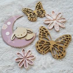 Décoration lapin, fleurs et papillons en bois