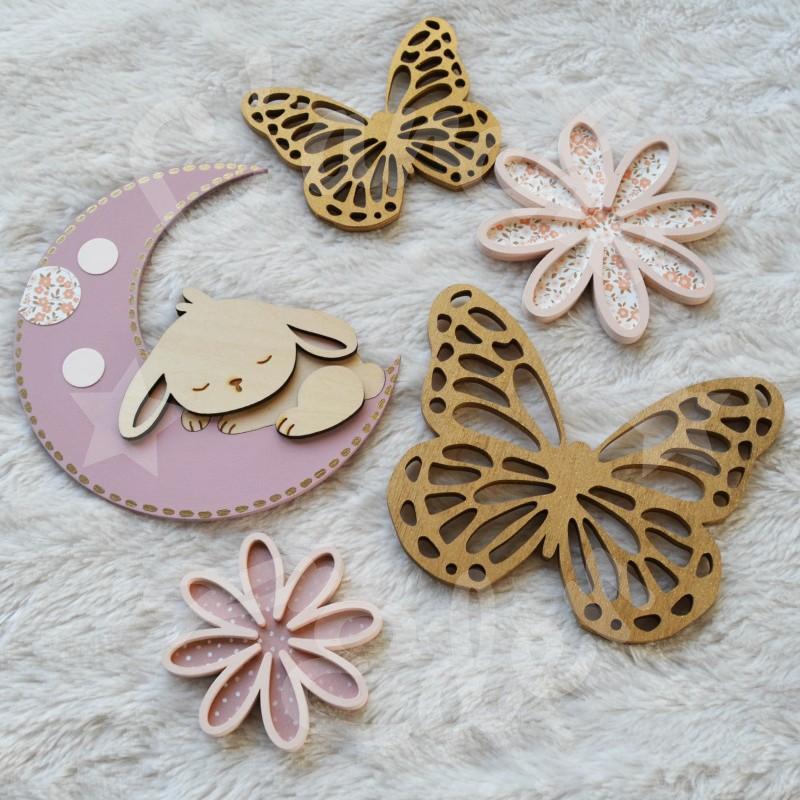 Décoration lapin, fleurs et papillons en bois