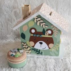 Boite à souvenirs de naissance personnalisée décoration ours brun en automne