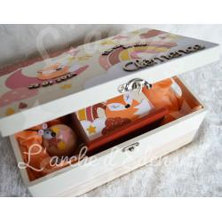 Cadeau de naissance renard et décor d'automne, boite à souvenirs personnalisée avec une tirelire et boite a dents