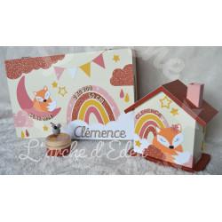 Cadeau de naissance renard et décor d'automne, boite à souvenirs personnalisée avec une tirelire et boite a dents