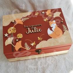 Cadeau de naissance renard et décor d'automne, boite à souvenirs personnalisée avec une tirelire et boite a dents