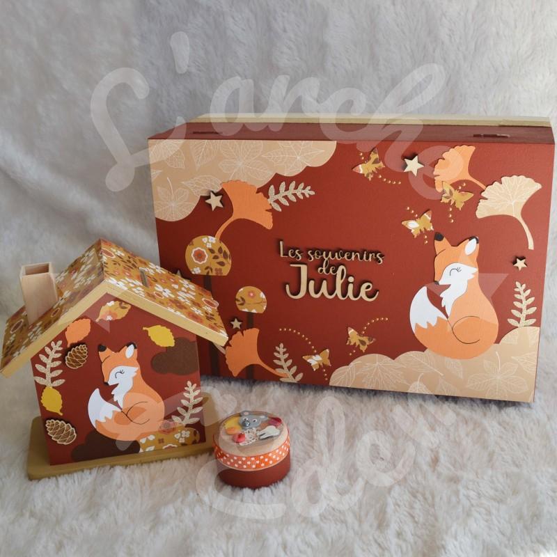 Cadeau de naissance renard et décor d'automne, boite à souvenirs personnalisée avec une tirelire et boite a dents