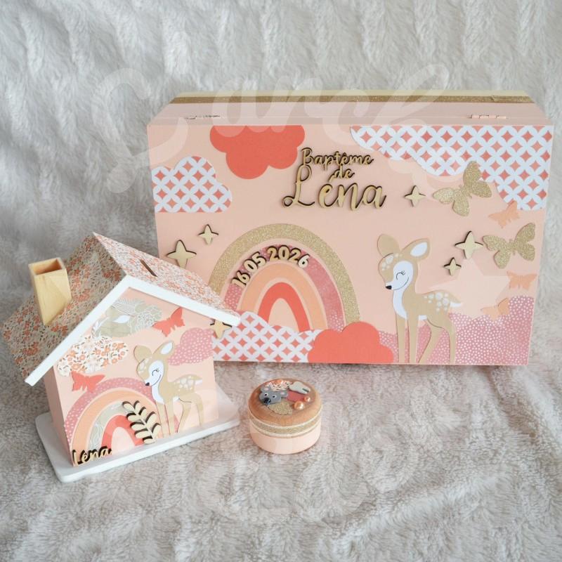 Cadeau de naissance thème faon, boite à souvenirs personnalisée avec une tirelire et boite a dents