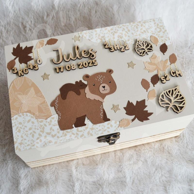 Boite à souvenirs de naissance personnalisée décoration ourson et sa maman
