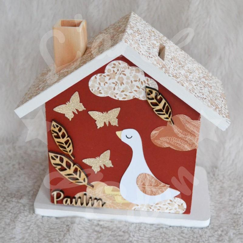 Tirelire oie et papillons en bois pour enfant a personnaliser