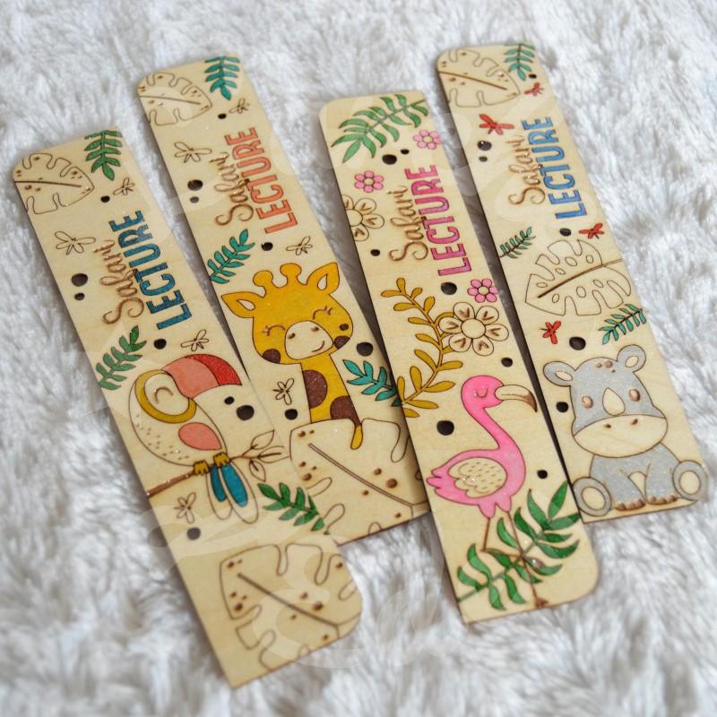 Marque page en bois pour enfant animaux de la jungle et foret tropicale