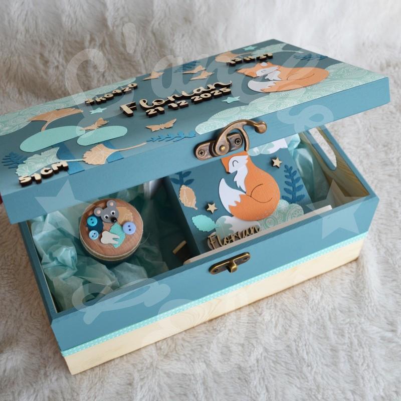 Cadeau de naissance renard et décor d'automne, boite à souvenirs personnalisée avec une tirelire et boite a dents